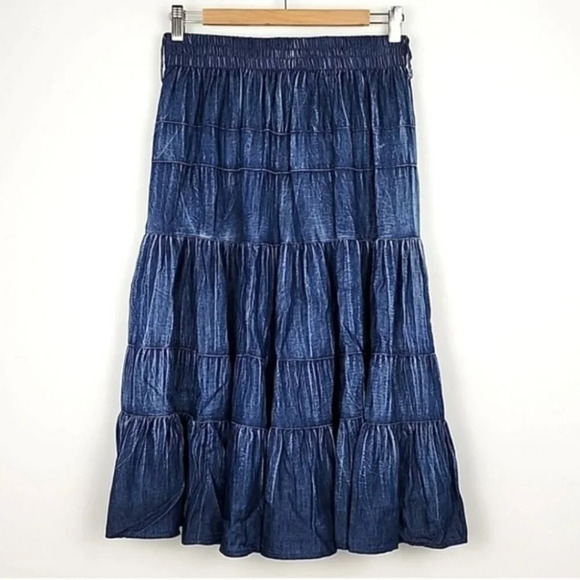 Lavena Women's Peasant Boho Blue Denim Long Light Flowy Skirt Size Medium - Picture 2 of 10